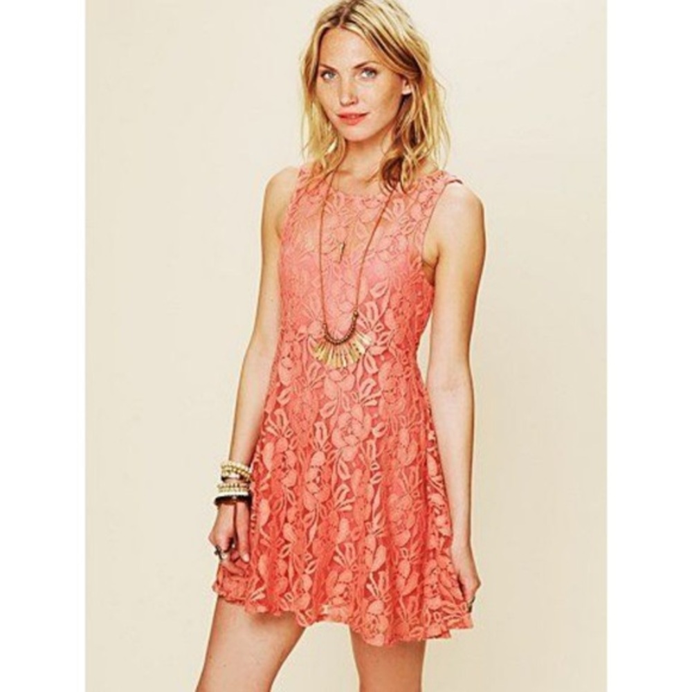 FREE PEOPLE Coral Miles Of Lace A-Line Mini Dress